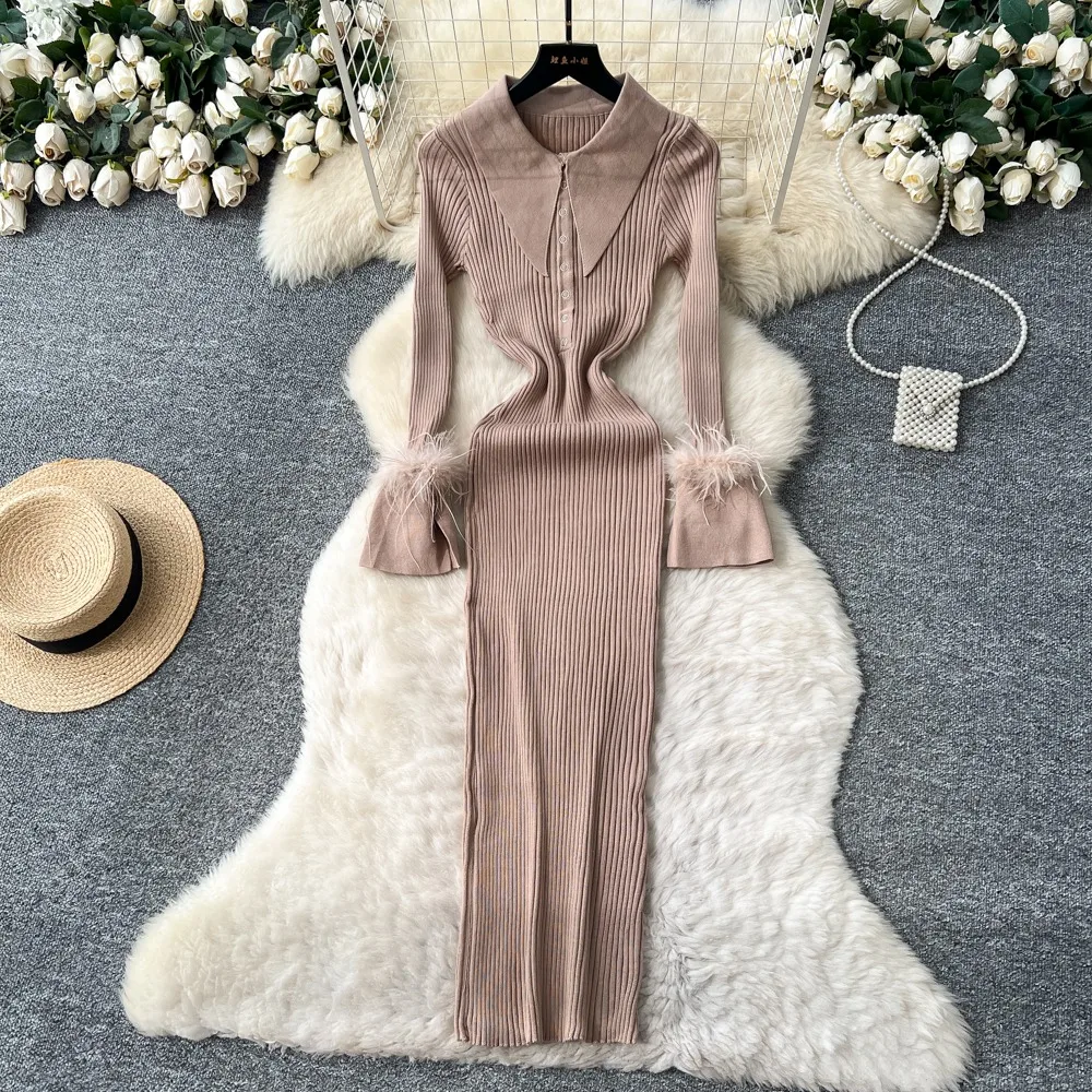 YuooMuoo Merk Mode Esthetische Gebreide Maxi Jurk Herfst Winter Vrouwen Luxe Shirt Trui Jurk Sexy Wrap Heupen Party Vestido