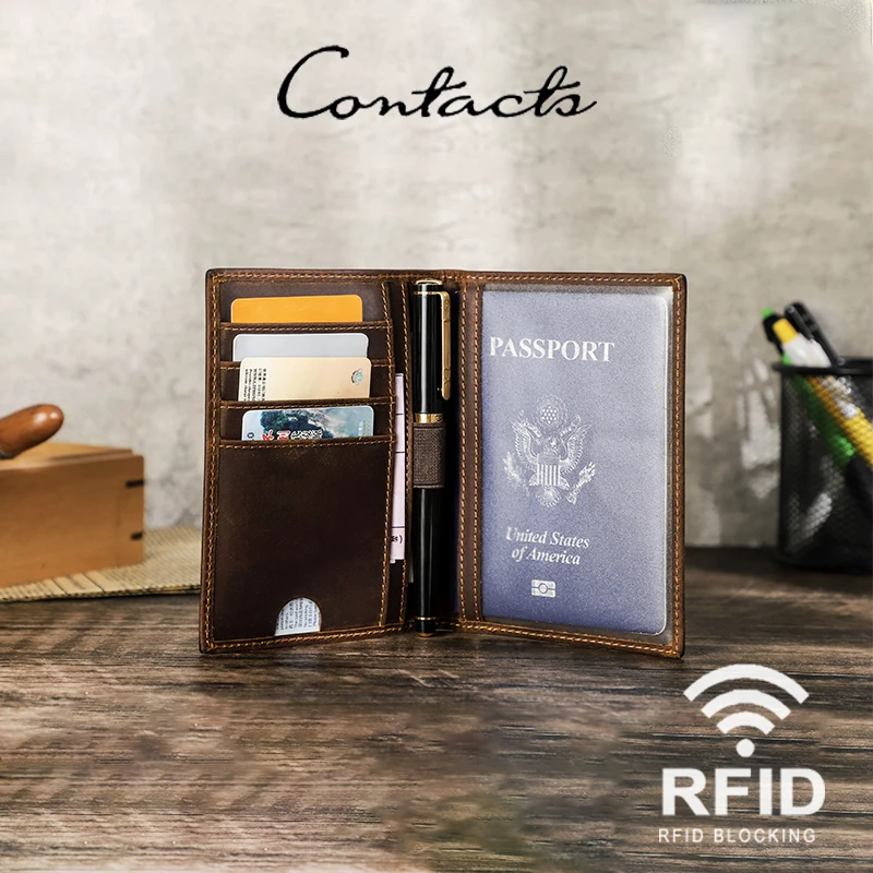 

CONTACTS Genuine Leather Passport Wallet Men Vintage Travel Fashion RFID Quality Card Holder Business Storage Wallets Purse