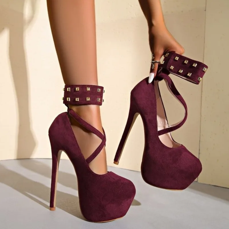 

Women's Fashion Thin Heel Shoes Spring New Round Head Shallow Mouth Suede Rivet Thick Soles Non-slip High Heels
