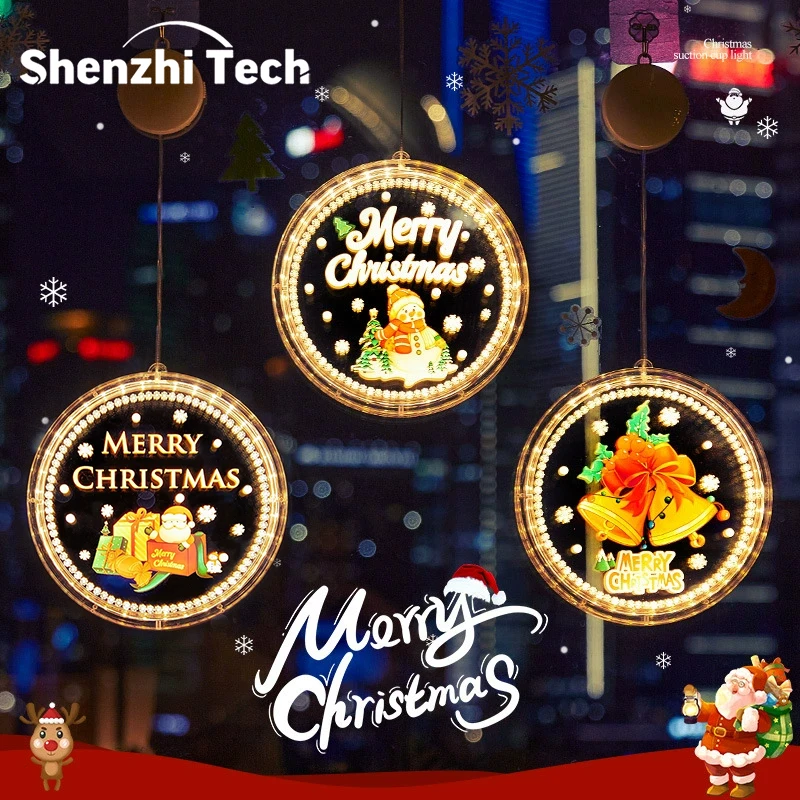 Christmas Suction Cup Window Hanging Lights Battery Powered Round LED Xmas Ornament Lamp Home Shop Window Christmas Holiday Gift