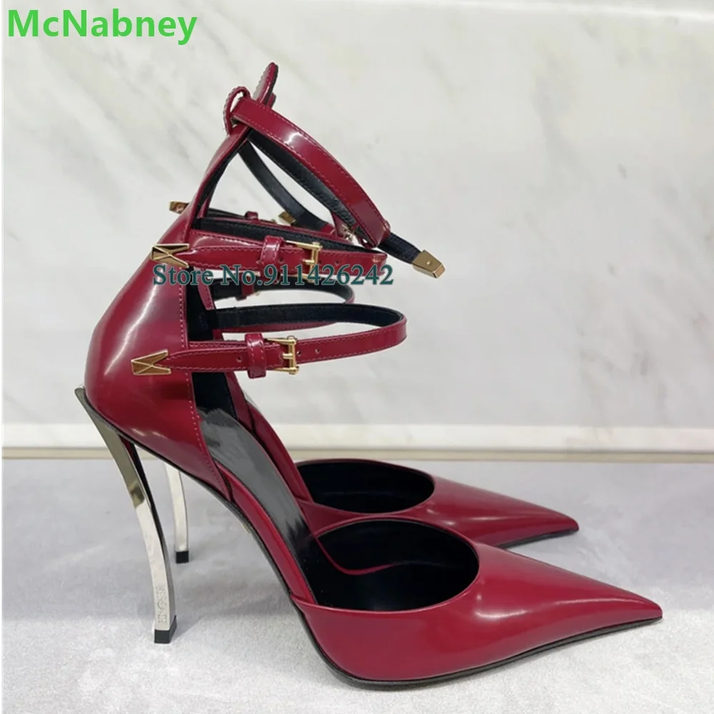 Ankle Buckle Design Metal Thin High Heel Pumps For Female Women Pointed Toe Sexy Hollow Leather Fabric Fashion Elegant Shoes