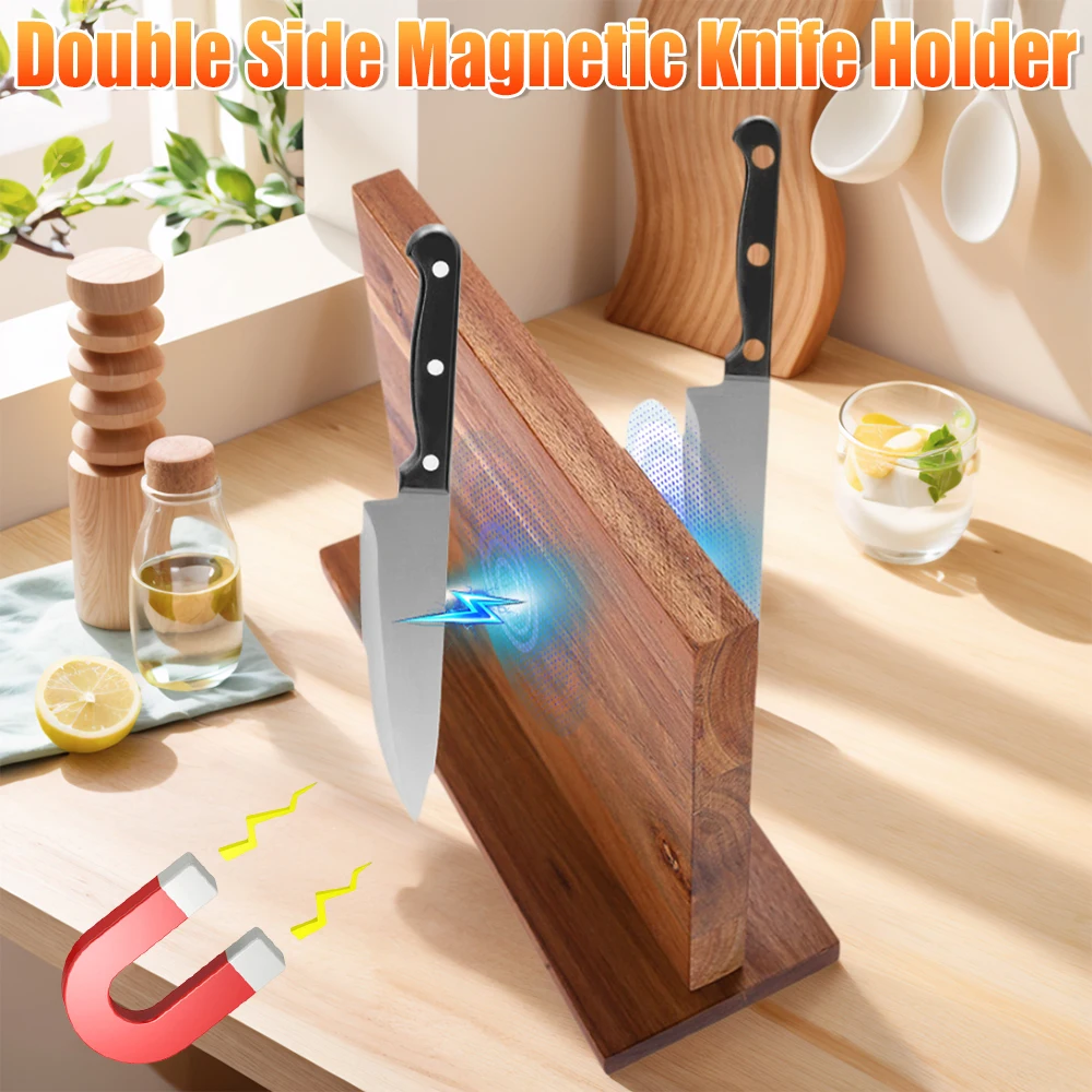 

Acacia Wood Double Side Magnetic Knife Block Simple Modern Kitchen Storage Knife Holder with Strong Magnets for Knives & Utensil
