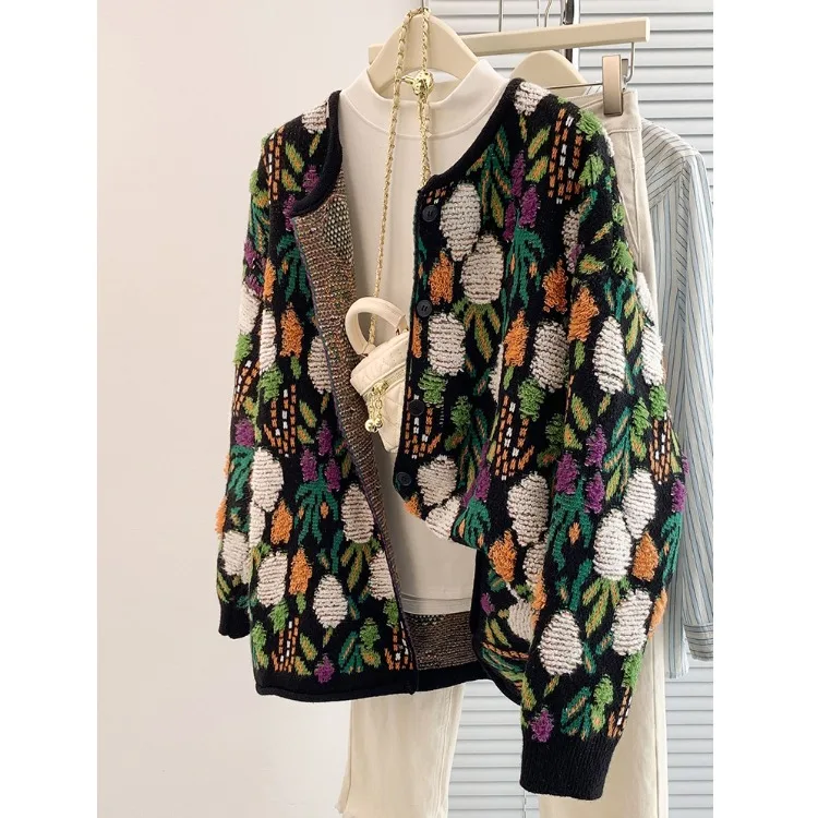 

Sweet Embroidered Flower Loose Fit Single Button Knitted Sweater Coat Spring Autumn Japanese Sle Faion Fre And e