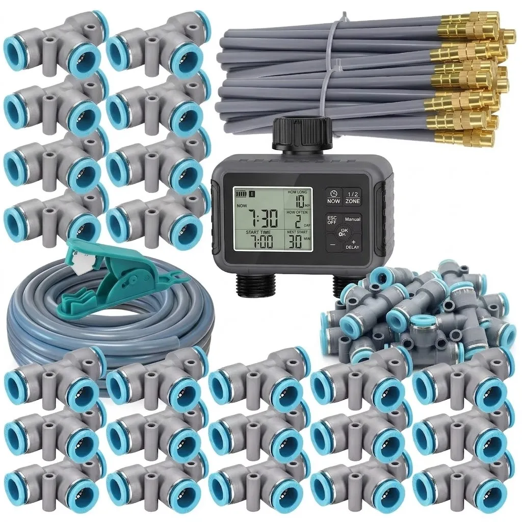 Smart LCD Display Garden Watering Timer Dual Zone Independent Irrigation Controller Mist Cooling System Atomization Spray Kit