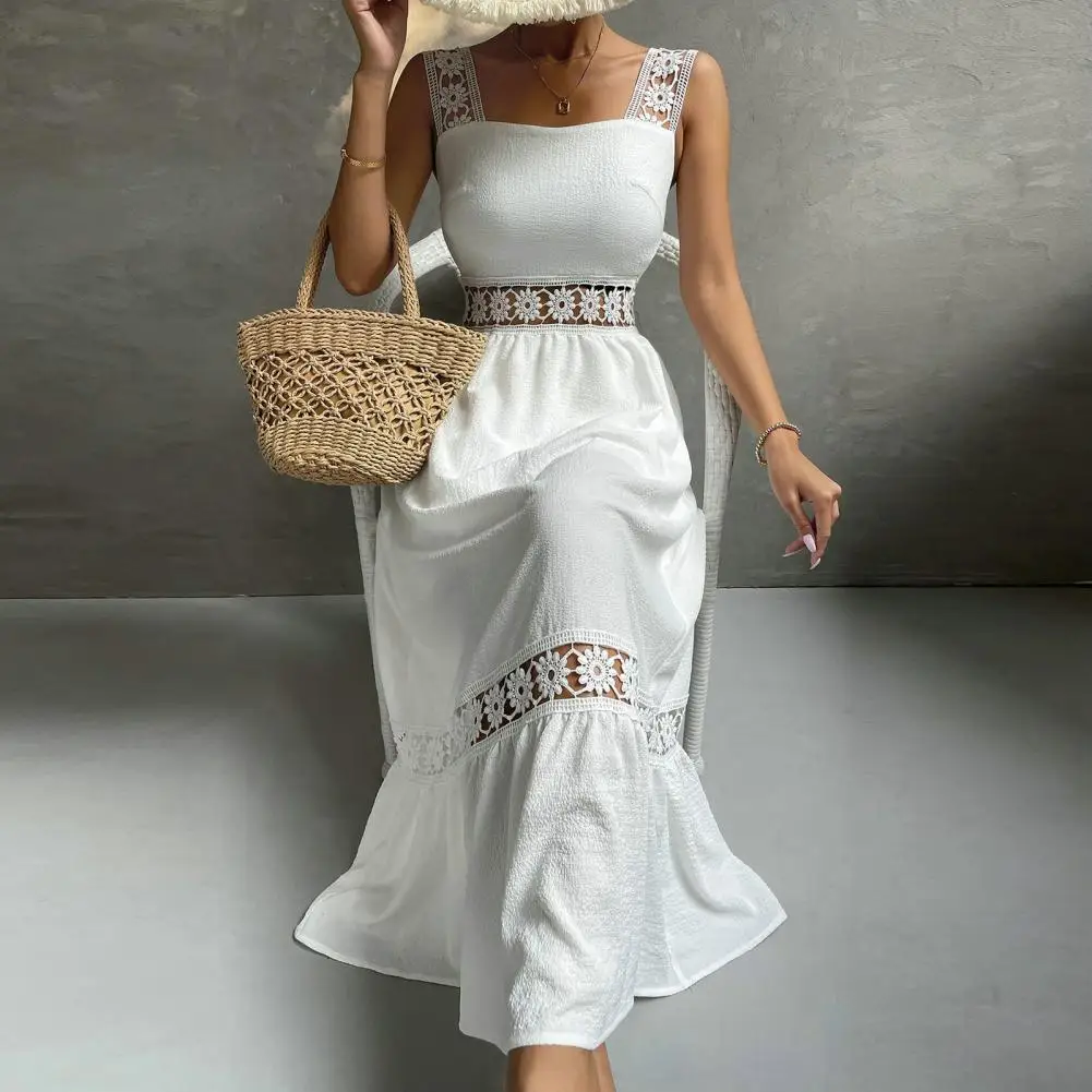 Boho Lace Dress Women White Beach Long Dress Summer Casual Patchwork Maxi Dress Sleeveless V Neck Sundress Elegant Party Dress