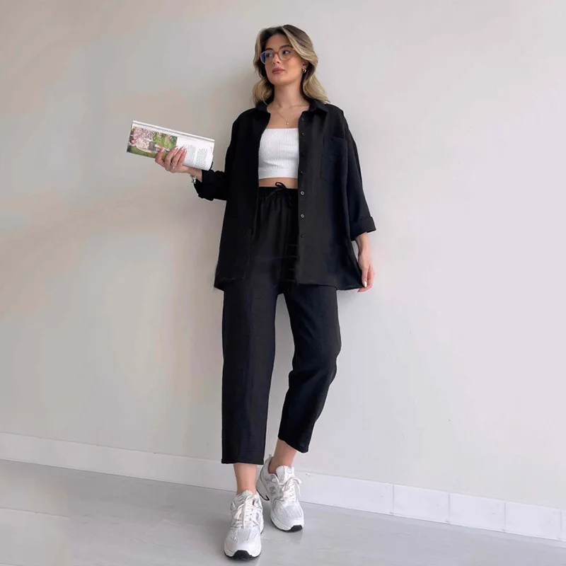 Casual Solid Color Two Piece Sets Women Autumn 2024 Fashion Loose Long Sleeve Shirts Tops And Ankle-lenght Pant Sets Elegant