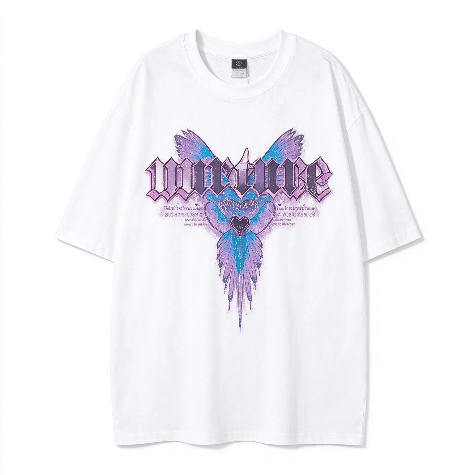 Gradient Wing Heart Graphic Unisex Oversized Cotton T-shirt, Gothic Font Retro Streetwear Summer Casual Short Sleeve Tee