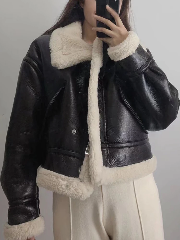 Winter Fleece Leather Jacket Women Faux Fur Jacket Fashion Streetwear Thick Warm Locomotive Coat Lamb Double-side Moto Outerwear