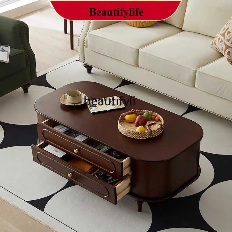 

French Style Solid Wood Coffee Table Mid-Ancient Light Luxury Tea Table Living Room Drawer Tea Table Light American TV Cabinet