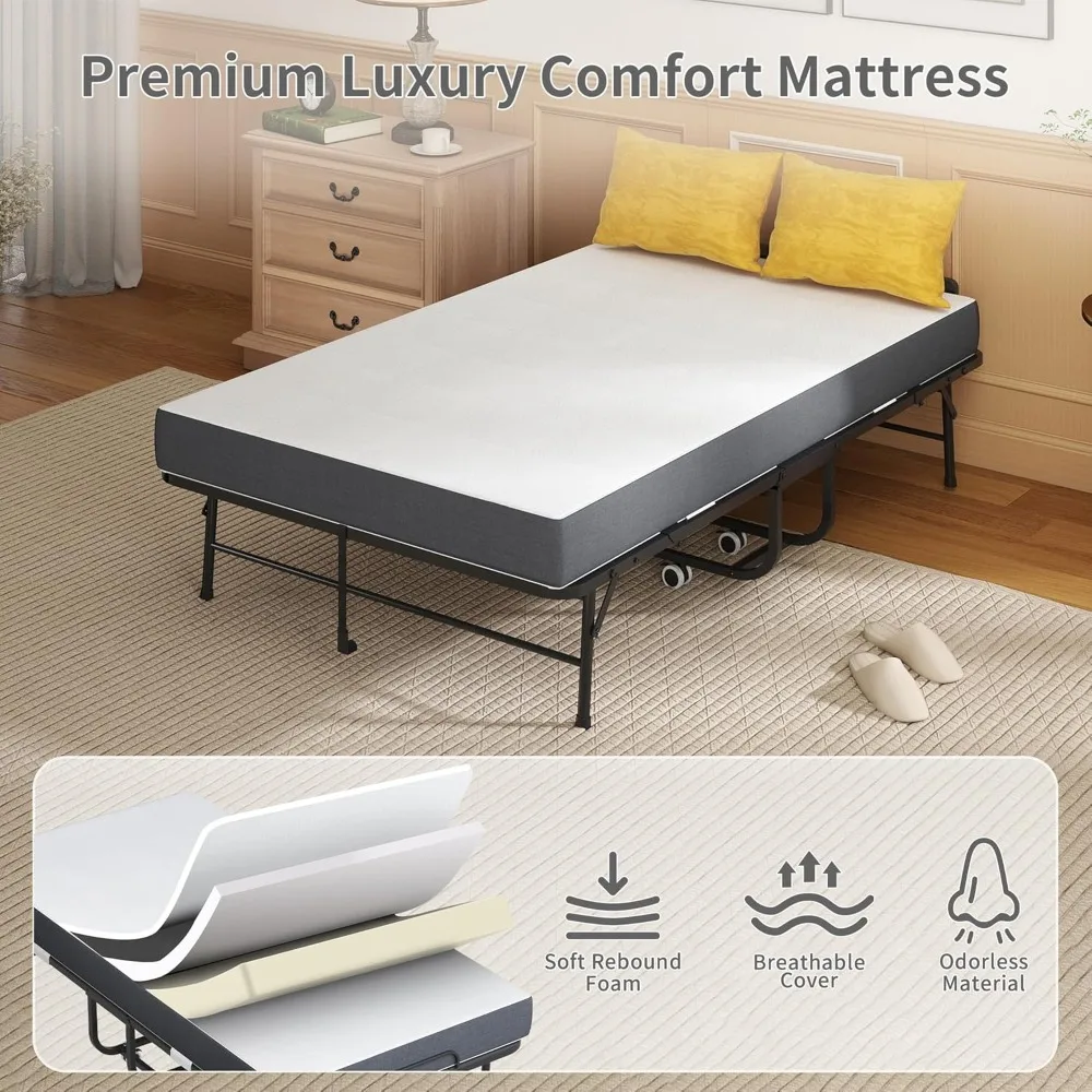 سرير قابل للطي مع مرتبة، سرير قابل للطي مقاس 74 × 46 للبالغين، سرير مزدوج محمول مع لوح رأسي وإطار معدني قوي #5