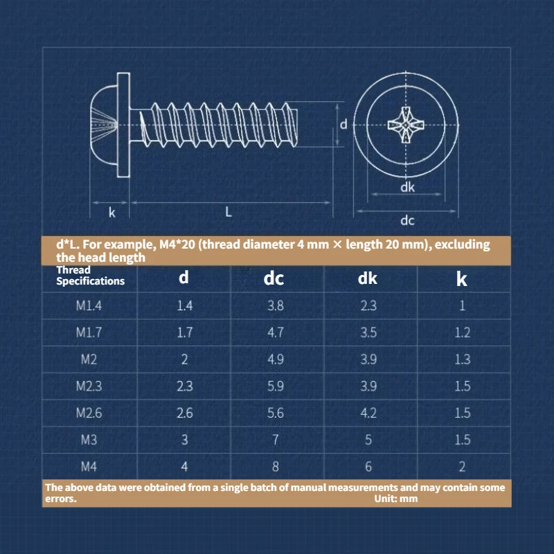 M1.7M2M2.2M2.6-M4 304 Stainless Steel Cross Pan Head Flat End Self Tapping Screws With Built-in Washer Round Head Collar Screw