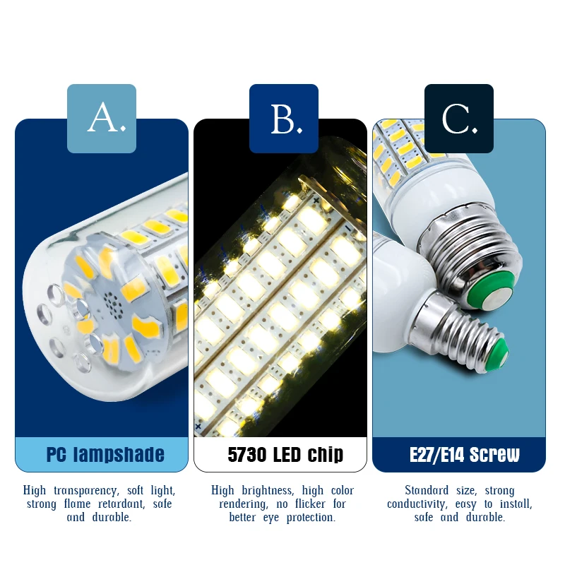 LED 전구 램프, E27, E14, 220V, 24, 36, 48, 56, 69, 72Led 옥수수 전구, 5730SMD Lampada, LED 다이오드 램프, 가정용 에너지 절약 조명