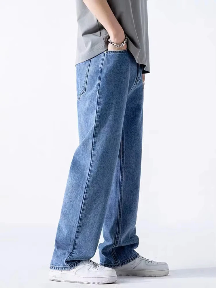 봄 여름 남성 스트레이트 청바지 한국 패션 탄성 허리 넓은 다리 헐렁한 데님 바지 캐주얼 청바지 바지
