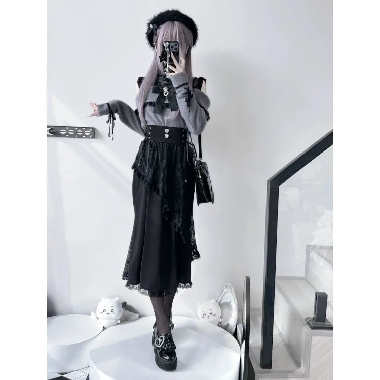 Harajuku Kawaii Lolita Kant Vissenstaart Rokken Y2k Slanke Taille Zwarte Rok voor Vrouwen Herfst Subculturele Mid-lengte Faldas mujer