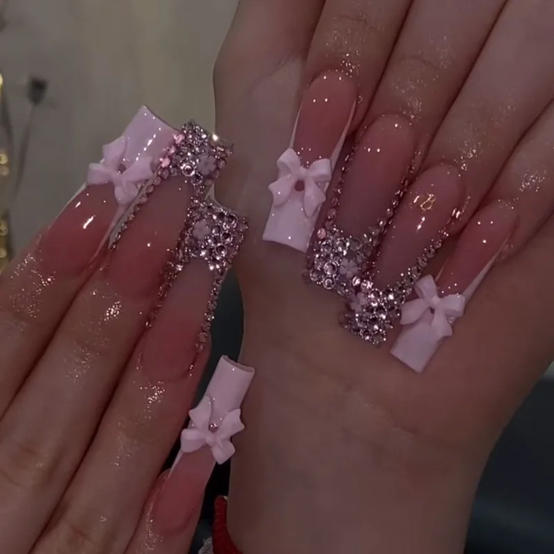 

24pcs French Pink Purple Fake Nails Tips with Diamond Design Long Square False Nail Reusable Bow Ballet for Girls Press on Nails