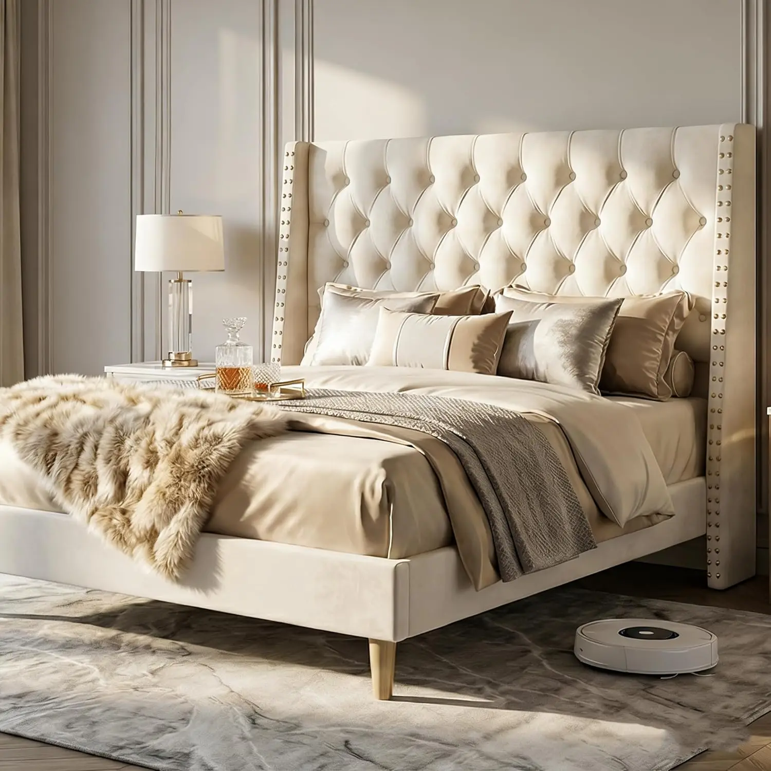Queen Velvet Upholstered Platform Bed Wingback Headboard Gold Nailhead Trim Wood Slat Support Bedroom Furniture