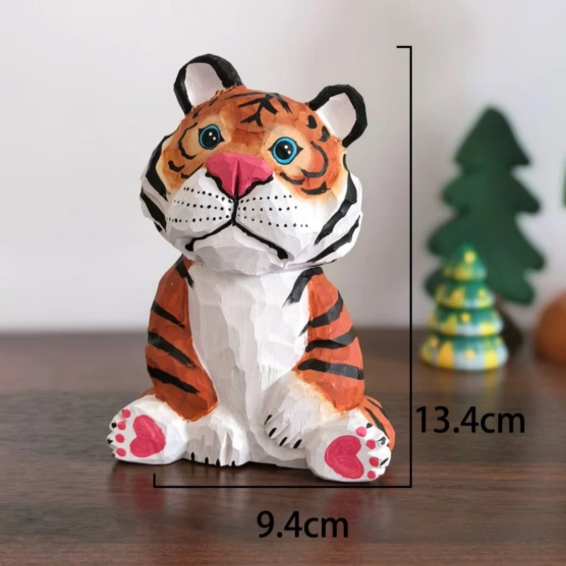 1PC Tiger Wood Carving Charmingly Expressive Animal Sculpture Wooden Handcraft Ornaments Desk and Car Interior Decor Unique Gift