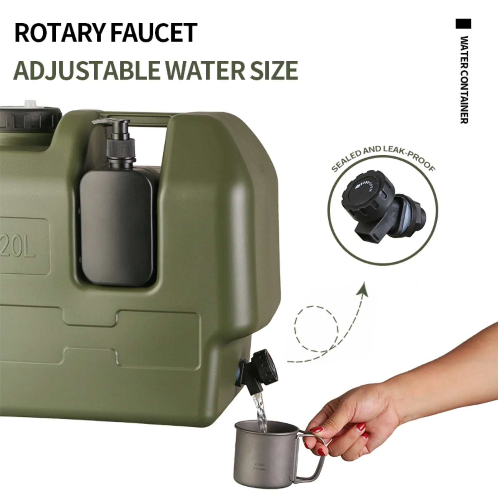 Seau de stockage d'eau en plastique de 20l, bidon de transport d'eau de grande capacité avec robinet et pot de désinfectant pour les mains, réservoir d'eau Portable