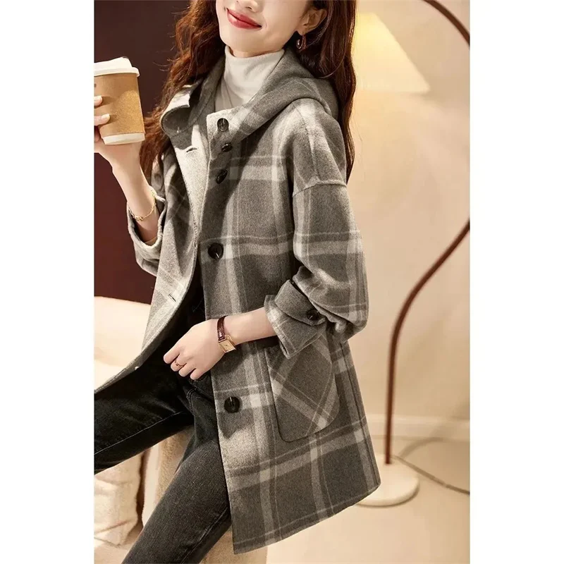 2023 Spring Autumn New Women Fashion Korean Version With Slender and Versatile Temperament Checkered Contrast Panel Woolen Coat