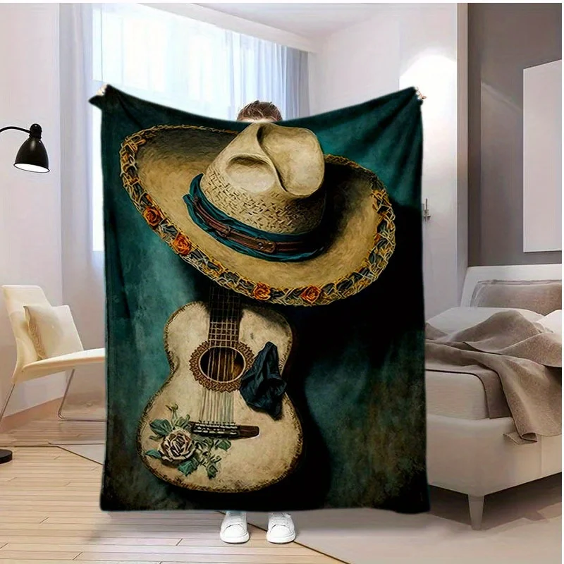 Mexican style guitar pattern Flannel printed blanket suitable for all seasons suitable for living room office sofa and travel