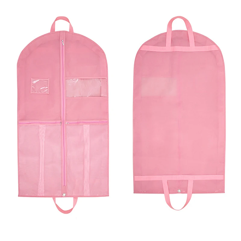 Pink Non-woven Dust Bag Hanging Garment Bag for Travel and Storage Zippered Clothes Bags with Mesh Pockets for Suit Shirt Dress