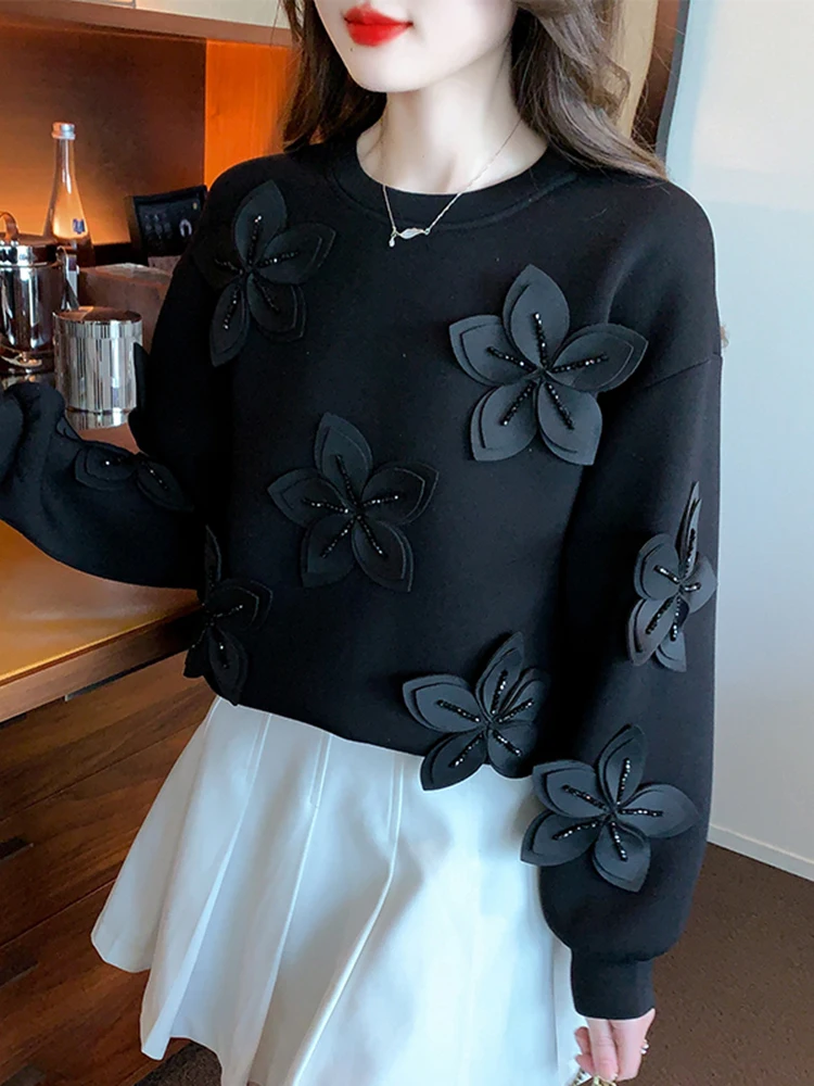 Heavy Industry Beaded Floral Appliques Sweatshirts Women Loose Casual Oversize Tops Black Pullovers Autumn Winter Warm Pulls