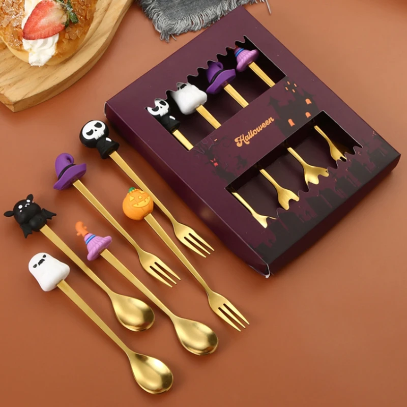 

Halloween Gifts Stainless Coffee Spoons Halloween Style Pendant Cake Fork Theme Party Dining-table Cutlery Set