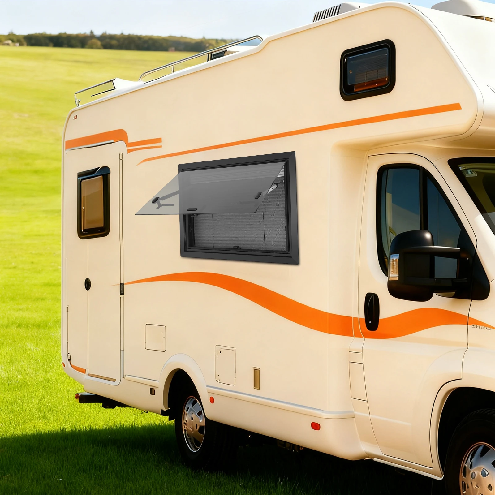 Fenêtre de camping-car, fenêtre extérieure de camping-car, fenêtre coulissante de camping-car 60x45cm en alliage d'aluminium avec verre trempé, moustiquaire et pare-soleil pour camping-car et caravane