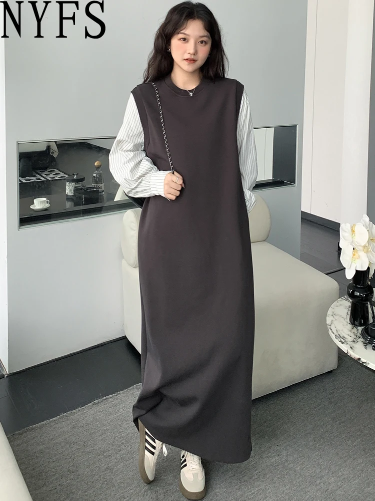 NYFS 2025 خريف جديد رمادي مخطط قطعتين وهمية فستان طويل فضفاض حجم كبير ملابس خارجية رداء للنساء Elbise #1