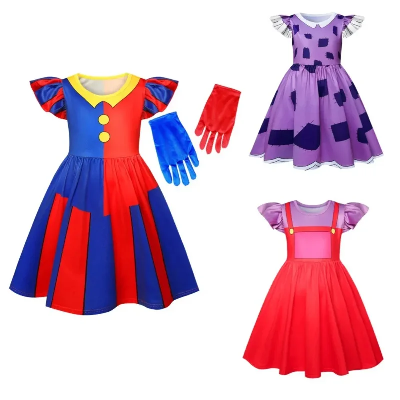 Anime The Amazing Digital Circus Pomni Cosplay Dress Kids Cute Cartoon Printing Fluffy Sleeves Frock Ragatha Costume Halloween