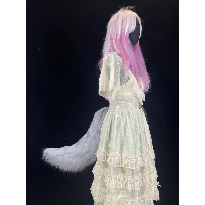DY20Anime Fox Tail Cosplay Electric Tail Wireless Remote Control White Fox Tail Black Animals Tails Ears Handmade Furry Large Ta
