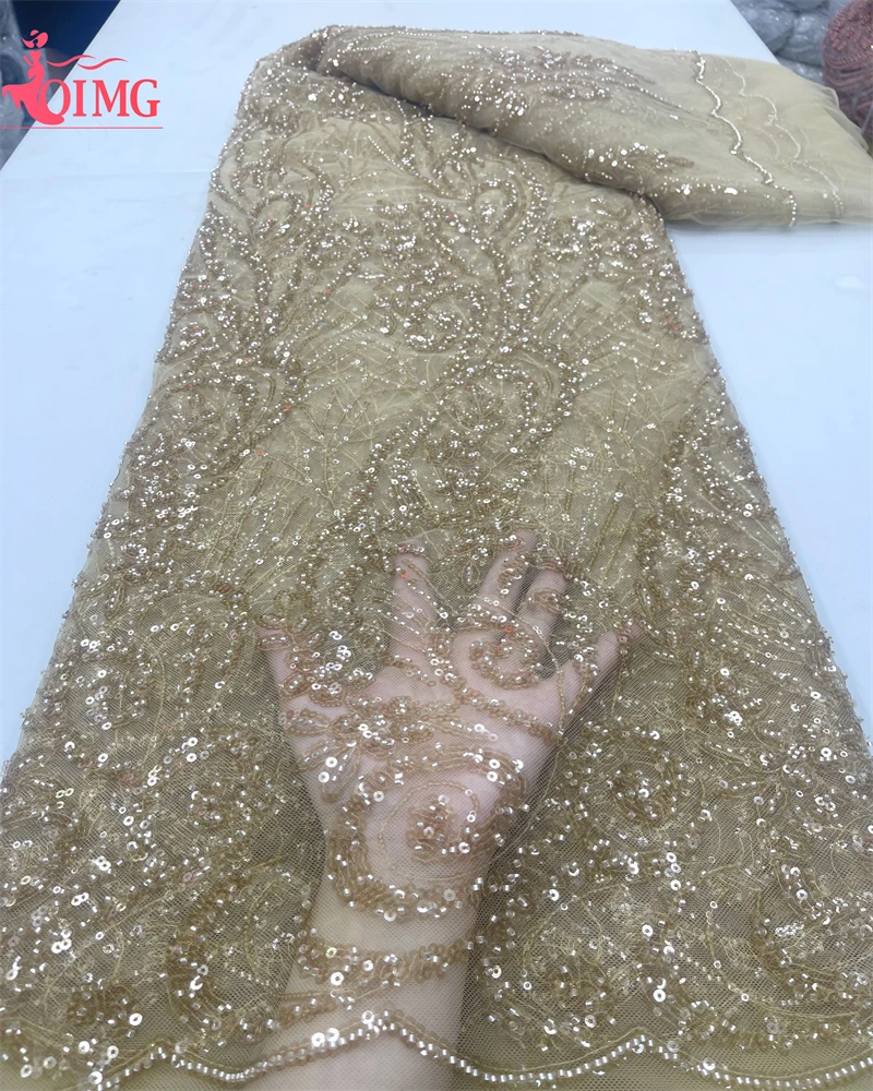 OIMG 2024 High quaity Tulle Beaded Lace Fabric Handmade New Beads 3D Appliques Tulle Lace Fabric for Wedding Evening Dress