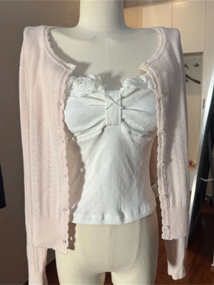 Korean Fashion Slim Fit White Lace Bow Long Ruffle Sleeve Knit Cardigan Cami Top 3 Piece Set Women Kawaii Pink Short Skirt Set view 6