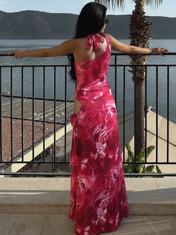 kliou Onregelmatige Uitgesneden Vrouwen Maxi Jurken Sexy Tie Dye Halter Lage Hals Hoge Split Bodycon Mode Zomer Feest Festival Japon
