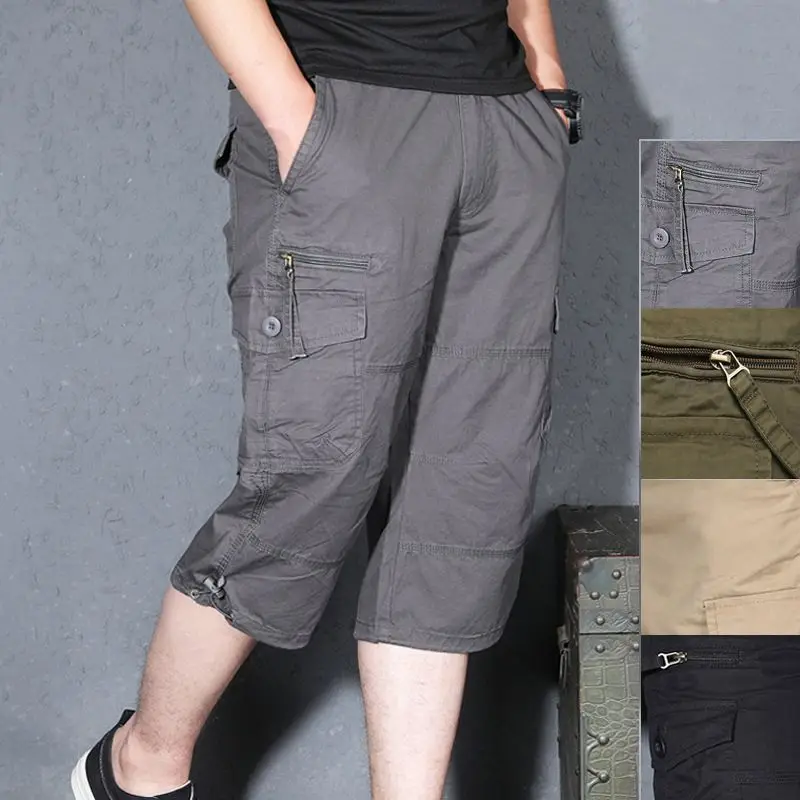 Summer Casual Long Length Cargo Shorts Men Cotton Multi Pocket Baggy Capri Hot Breeches Tactical Military Army Cropped Trousers