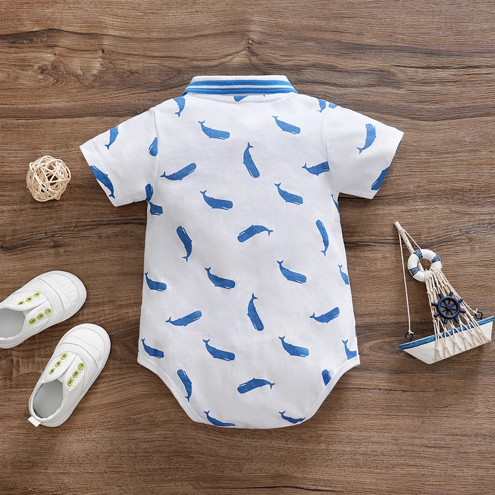 1 Pcs Baby boy Bodysuit Gentleman Style Short Sleeves Whale Print Clothes