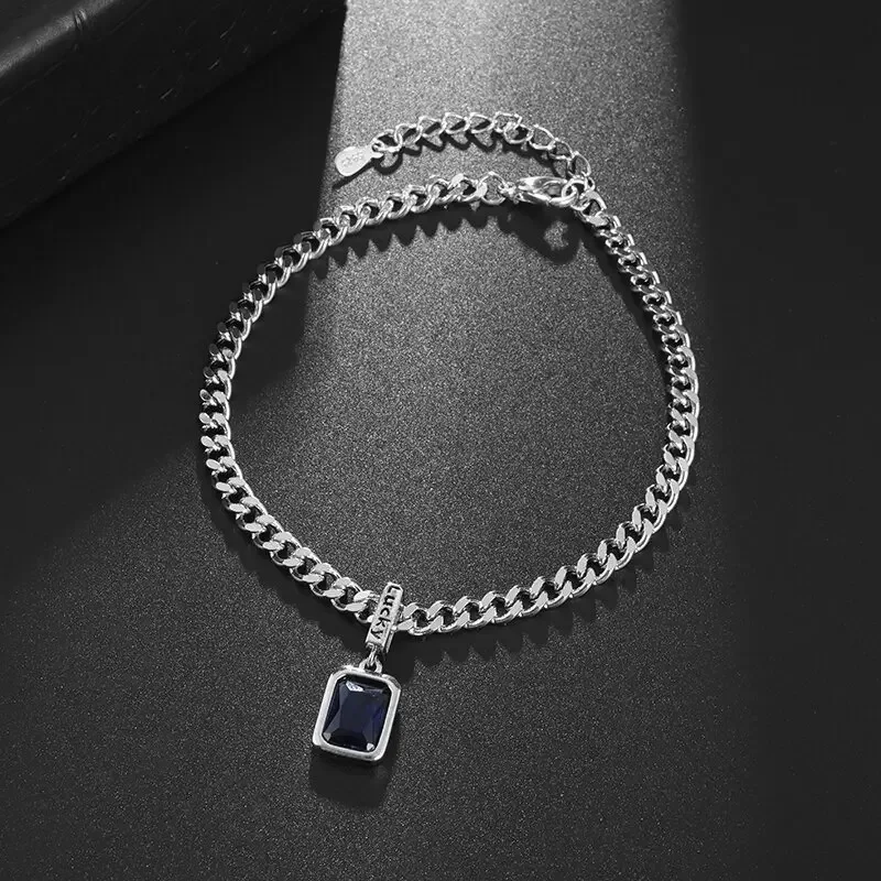 Silver Plated Square Blue Zirconia Bracelet Cuban Type Stainless Steel Bracelet Matching Party Favors Fine Jewelry for Women