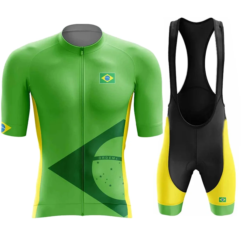 Brazilian New pro team cycling clothing set, short sleeve jersey and green pants for mountain bike, 2024