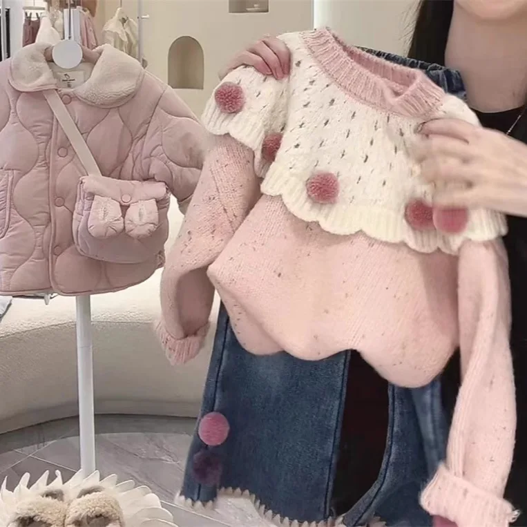 Girls Sweaters Thickened Autumn and Winter Base Long Sleeves Fashion Sweet Round Neck Woolen Clothes for Wearing Outside