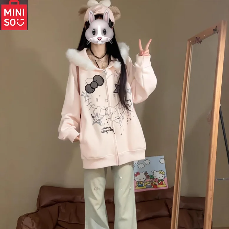 

MINISO HelloKitty, американская ретро модная плюшевая универсальная свободная женская повседневная толстовка с капюшоном и большими ушками, модная куртка