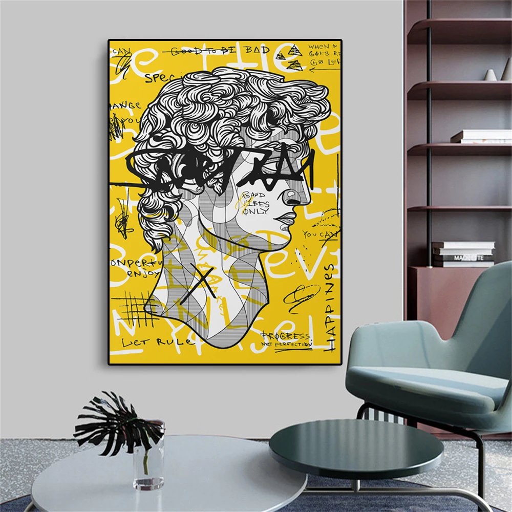 مايكل أنجلو ديفيد الكتابة على الجدران جدار الفن طباعة النحت المشارك لغرفة المعيشة جدار ديكور فني قماش اللوحة الأصفر ديفيد فن البوب