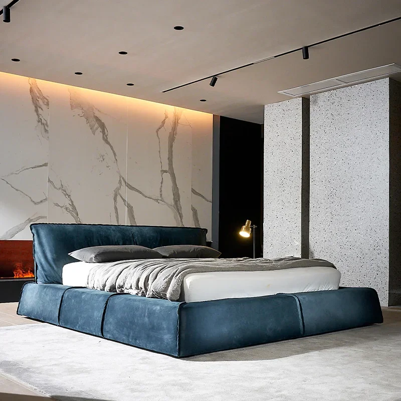 p*-p*-Frosted cloth Double bed high-end designer queen frame luxury 180x200cm bed Headboard modern cama casal bedroom furniture