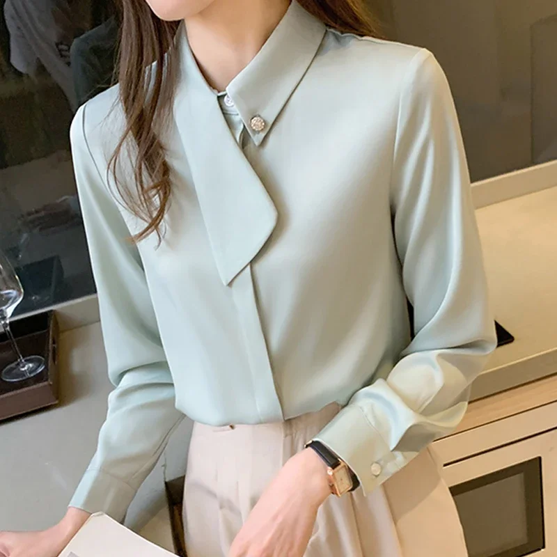 Women Long Sleeve Chiffon T-shirts 2023 Spring Autumn Turn Collar Office Lady Elegant Fashion Loose Tops Female Patchwork Tshirt