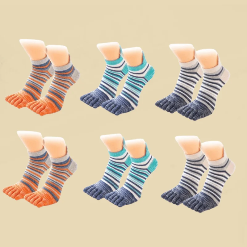 

6 Pairs Striped Toe Socks - 5-Finger Cotton Athletic Socks with Arch Support, Perfect for Running & Hiking (Anti-Blister Design)
