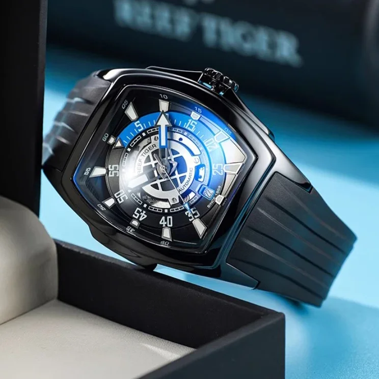 

Мужские автоматические часы Reef Tiger Sport 42.3 мм, механические наручные часы Tonneau с сапфировым стеклом, светящиеся в темноте