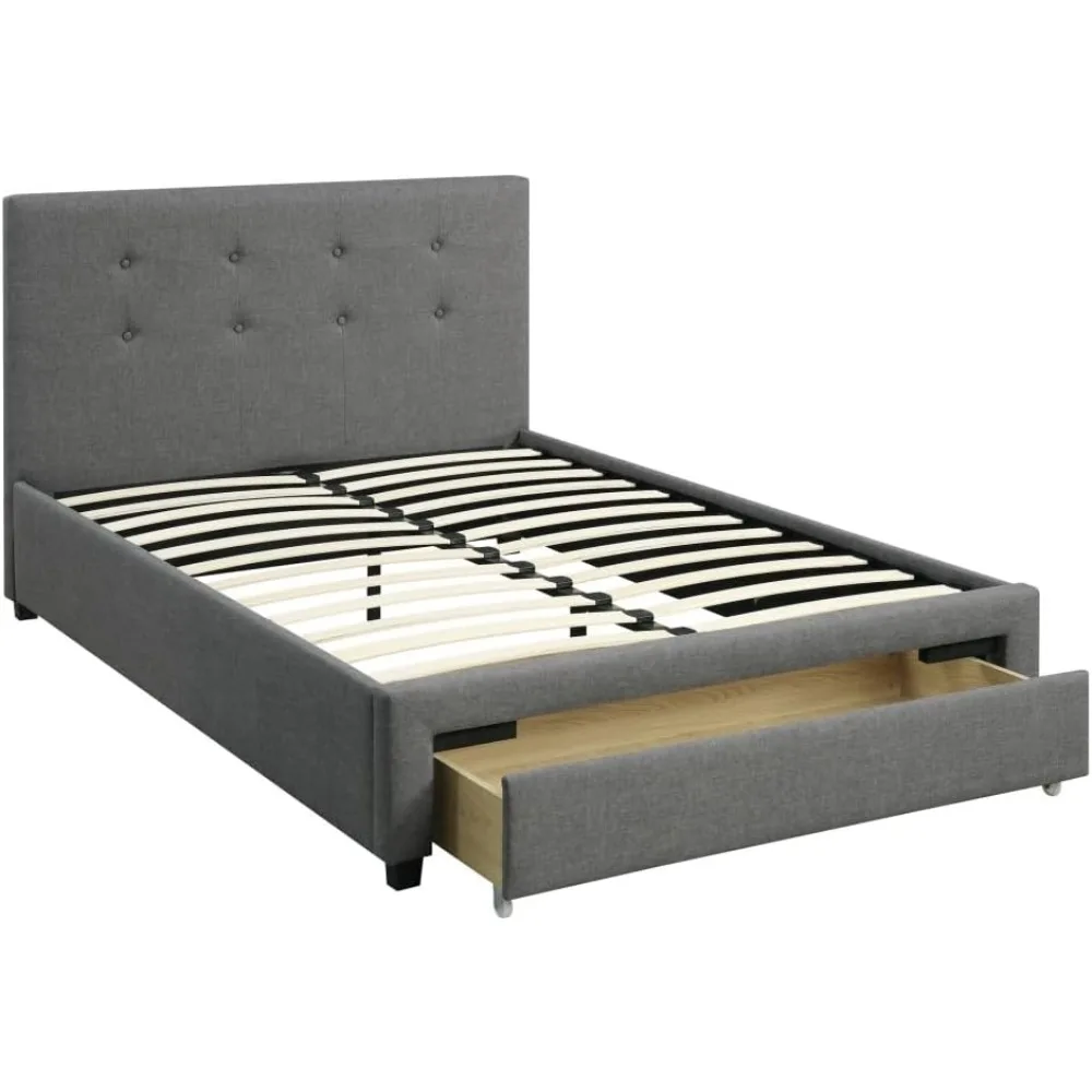 Modern Grey Upholstered Queen Bed Frame with Storage Drawers and Headboard