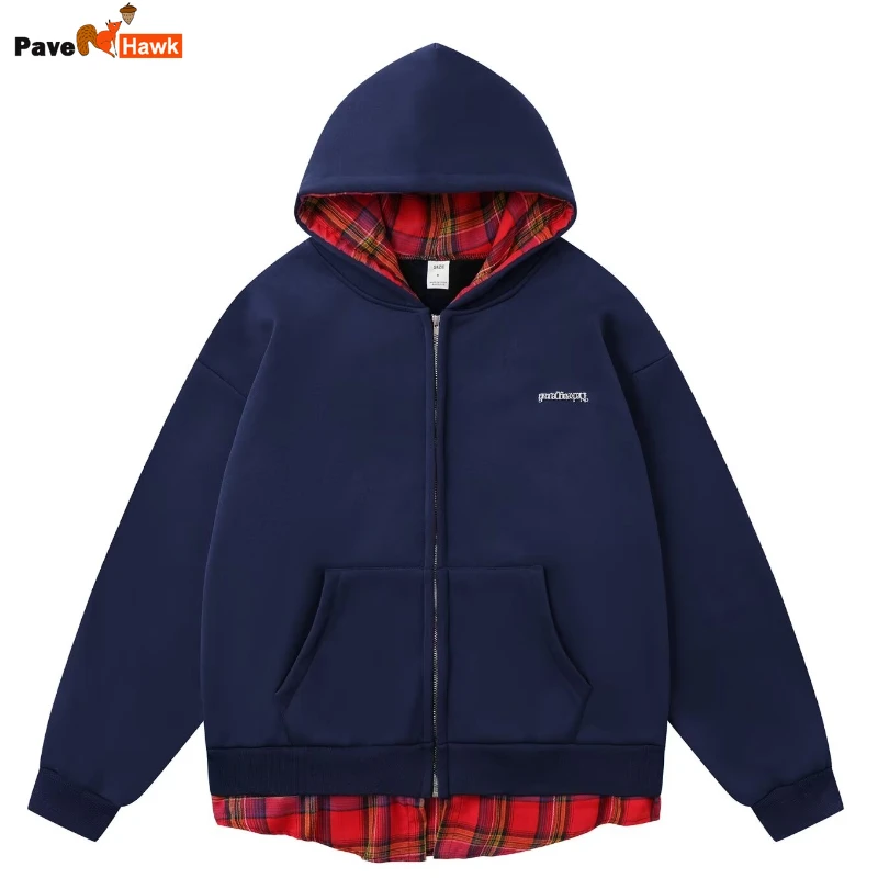 

American Color Blocked Mens Hoodie Fake Two Pieces Plaid Patchwork Harajuku Loose Hooded Jackets Thin Unisex Sweatshirt Coats
