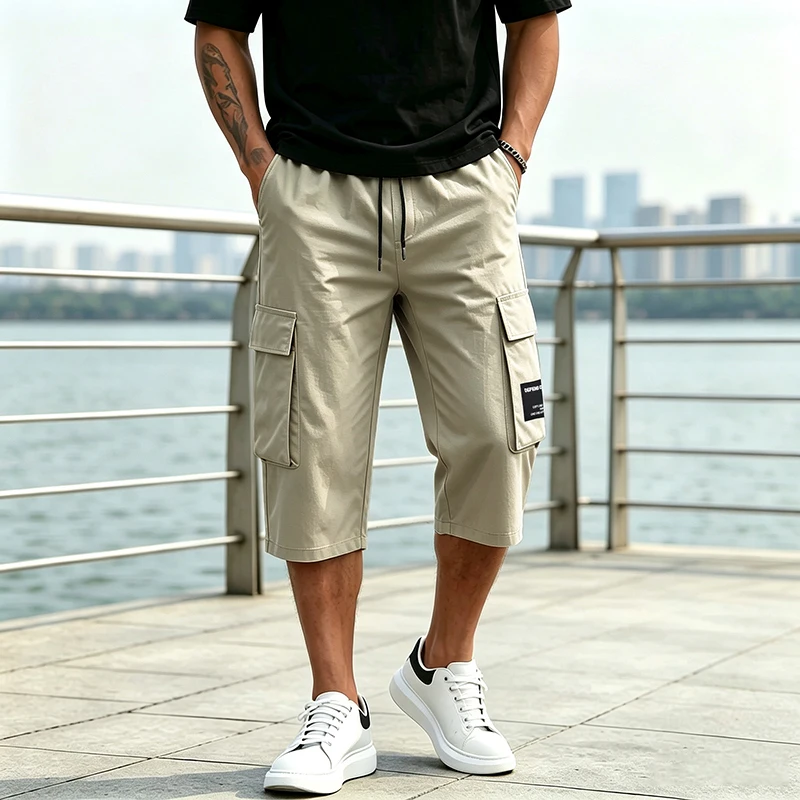 Men 7/8 Length Cargo Capri Pants Drawstring Elastic Waist Large Capacity Flap Side Cargo Pockets Daily Outdoor Casual Trousers