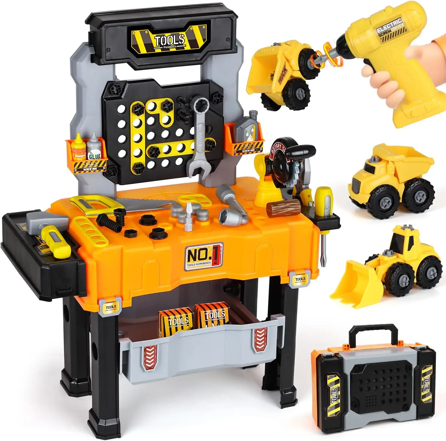 

Kids Tool Bench with Electric Drill and Construction Vehicles, 2-in-1 Workbench and Toolbox for Toddlers, STEM Learning Toys Age