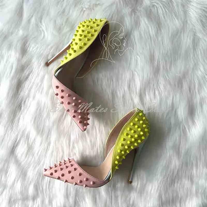 Escarpins en cuir à rivets jaune dégradé rose clair, chaussures habillées peu profondes à bout pointu, sandales Stiletto confortables pour femmes